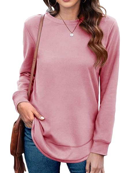 SUPNIER LONG SLEEVE TOPS FOR WOMEN CASUAL COMFY CREWNECK LOOSE FIT SHIRTS BLOUSES PINK S
