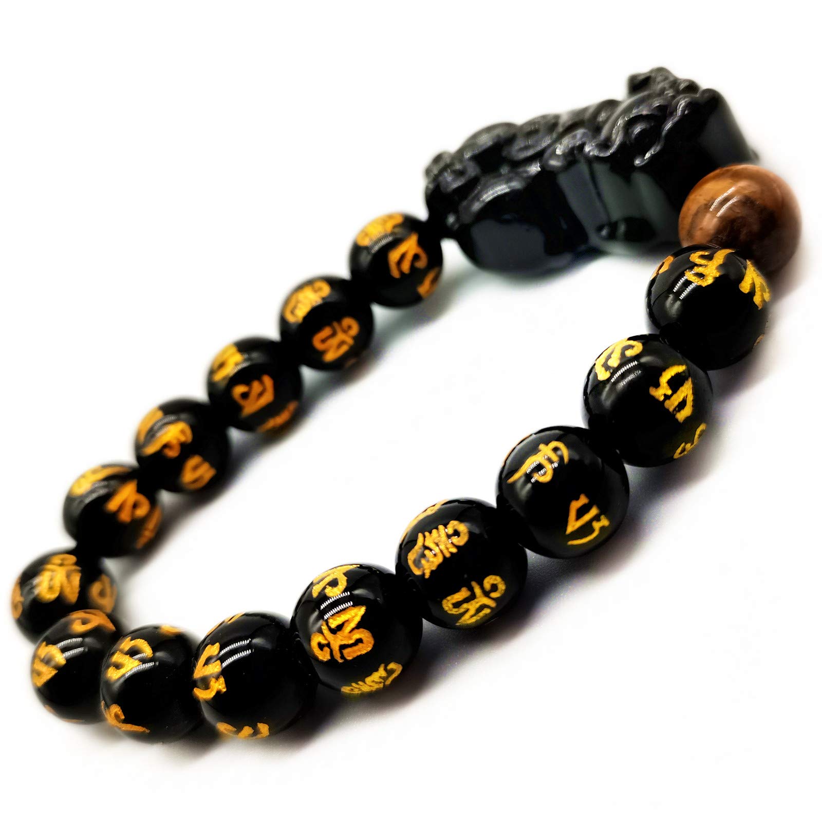 MANRUO Feng Shui The Best 10mm Black Hand Carved Mantra Bead Bracelet with Obsidian Pi Xiu/Pi Yao Lucky Wealthy Amulet Brecelet with Tiger's Eye/Black Stone