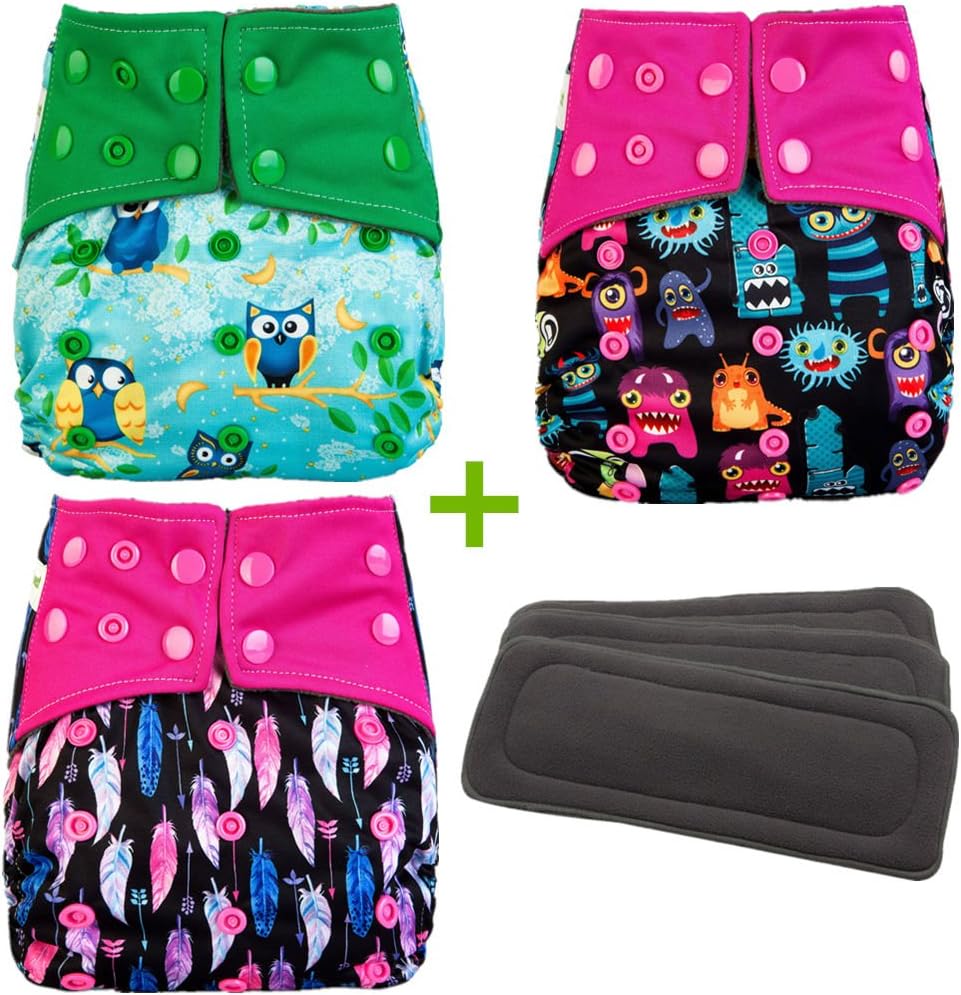 Charcoal Cloth Diaper Cover With Charcoal Insert Pocket Bamboo Diaper Mumsbest 3 Pcs/Pack