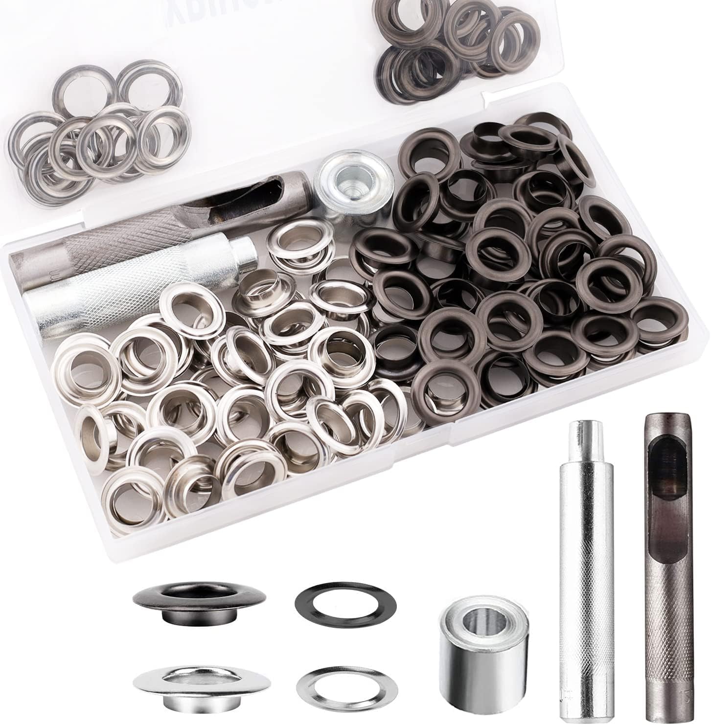 Photo 1 of Grommet Tool Kit, 1/2 Inch Grommets Eyelets Sets,100 Sets Grommets, Eyelets Kit with 3 Pcs Leather Punch Tool, Stainless Steel Grommets for Fabric, Canvas, Shoes, Tarps, Clothing (Black and Silver)