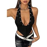 WDIRARA Women's Y2K Halter Top Deep V Backless Asymmetrical Hem Cami Crop Tops