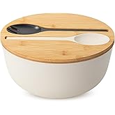 BAMBOO LAND- Large Salad Bowl with Wooden Lid, 10 Inch/108 Oz, White, Bamboo Fiber Salad Bowl with Serving Utensils, Wide Applications