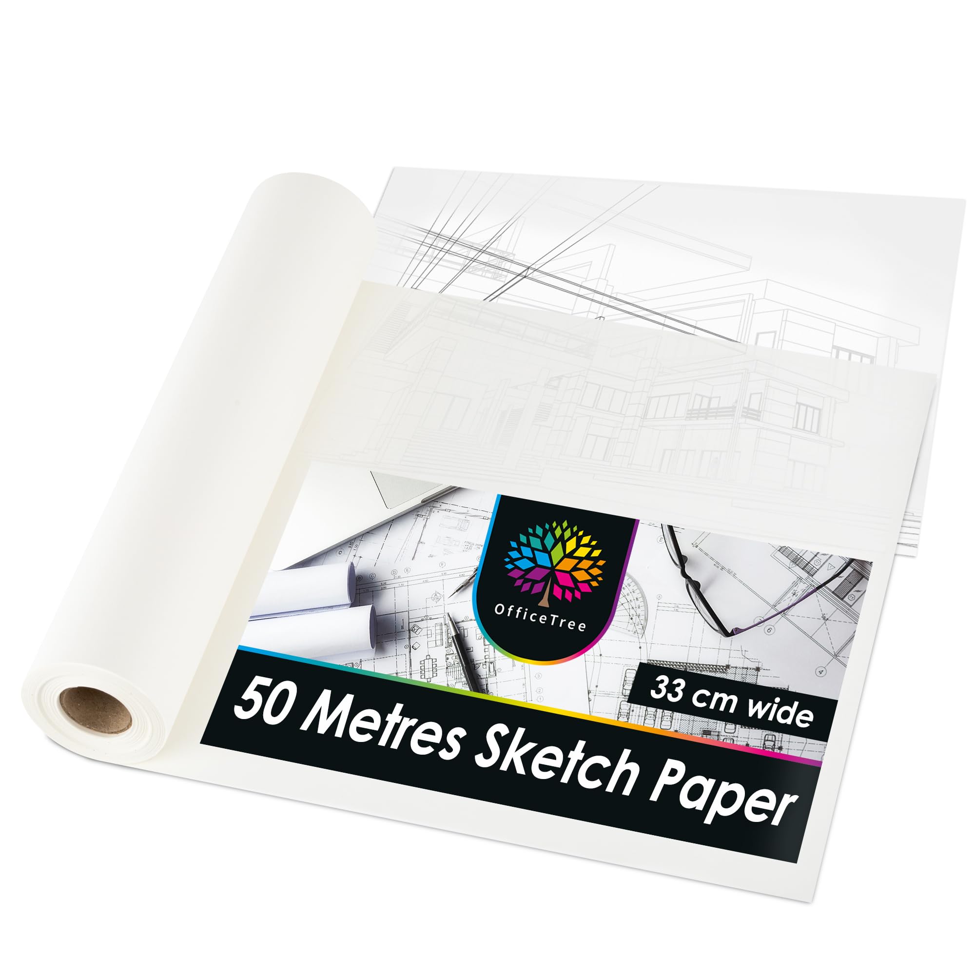 OfficeTree 50m Tracing Paper Roll 33cm Width - 40 GSM - White Translucent - Sewing Pattern Paper for Dressmaking - Roll of Tracing Paper for Drawing Sketching or Technical Drawings