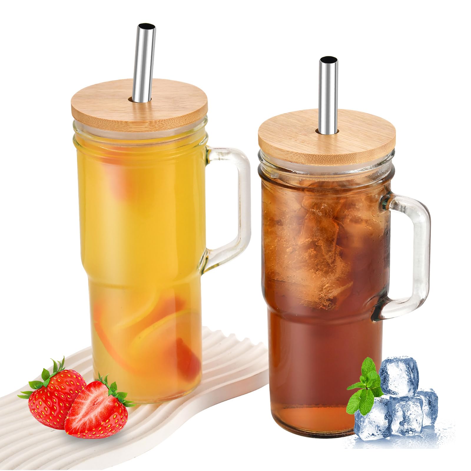 Photo 1 of hosck 24oz Mason Jar Cups with Handle, Clear Glass Tumbler with Bamboo Lid and Straw, 2 Pack Glass Iced Coffee Cup with Lids, Cold Drinking Glasses for Iced Coffee, Juice, Bubble Tea,cola