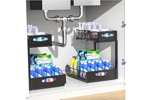 Housolution 2 Pack Large Under Sink Organizer, 2 Tier Metal Pull Out Under Sink Storage with Sliding Mesh Drawers, Height Adj