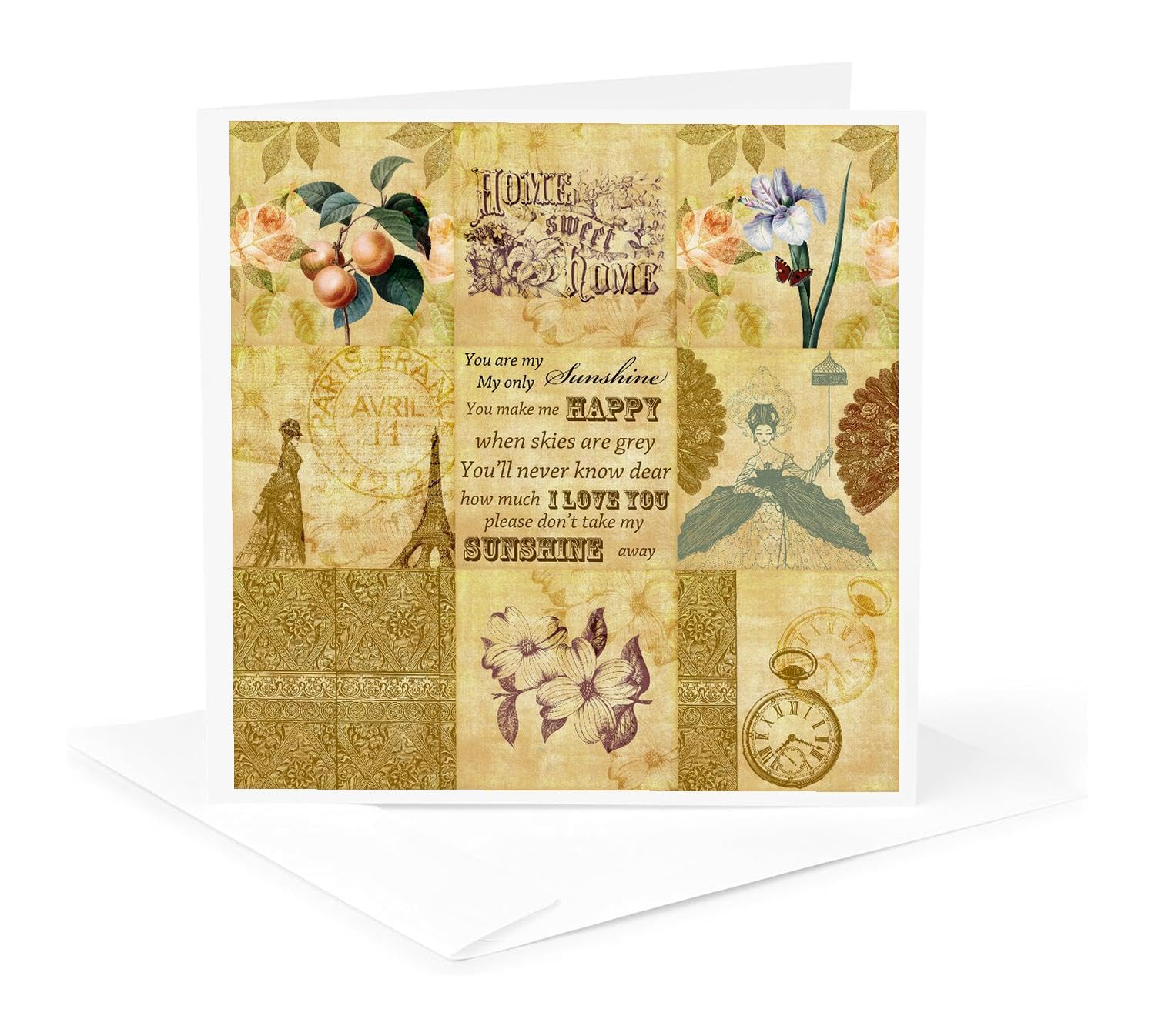 3dRose gc_79374_5 6 x 6-Inch "Vintage Gold Collage of Art with Apricots and You are My Sunshine" - Greeting Card
