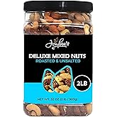 Jaybee's Unsalted Mixed Nuts, Gourmet Roasted Deluxe Mix, 32 oz | Healthy blend of roasted brazil nuts, cashews, almonds, pecans, filberts (hazelnuts). No Peanuts, Kosher, Keto Friendly
