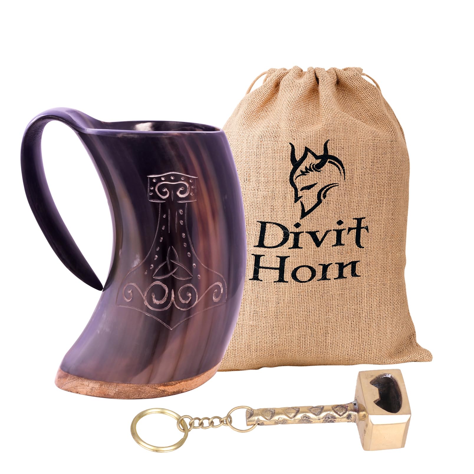 Divit Genuine Viking Drinking Horn Mug | Authentic Medieval Beer Horn Tankard | 24oz (700 ml) capacity horn Cup/Stein. (Mjolnir, Polished)