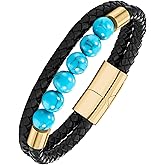 YL Mens Beaded Leather Bracelet, Black Onxy/Tiger Eye/Turquoise 18K Gold/Rhodium Plated Cross Christian Letter Initial Cuff Stainless Steel Handcrafted Jewelry Gifts