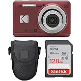 Kodak PIXPRO FZ55 Digital Camera (Red) + Point & Shoot Camera Case + Sandisk 128GB SDXC Memory Card