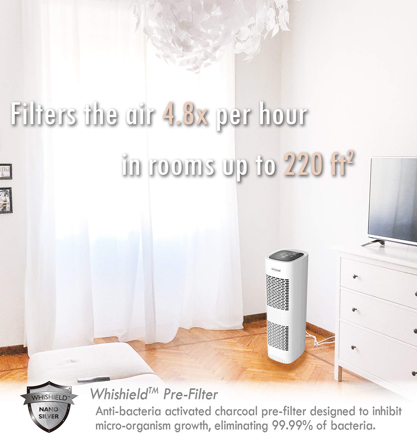 Whirlpool WPT80P Whispure True Hepa Air Purifier, Activated Carbon Advanced Anti-Bacteria, Ideal for Wildfire, Allergies, Odors, Pet Dander, Mold, Smoke and Germs, Large, White