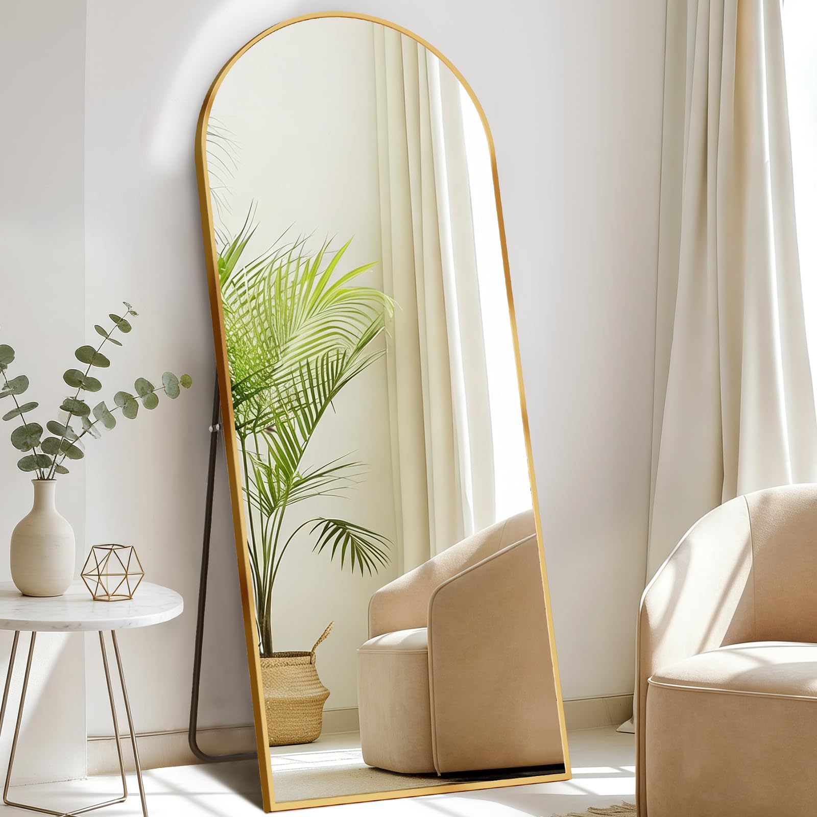 DUMOS Arched Full Length Mirror with Stand Floor Standing Aluminum Frame for Bedroom Body Hanging Leaning Modern Simple Home Decor Shatter-Proorf Nano Glass Wall Living Room Cloakroom Gold 65"x24" Image