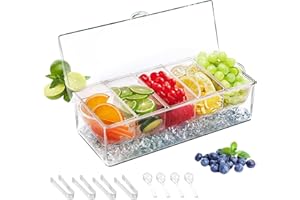 Food and Condiment Organizer with Lid, 5 Removable Tray Chilled Garnish Station for Fruit Veggie Salad, Transparent Ice Coole