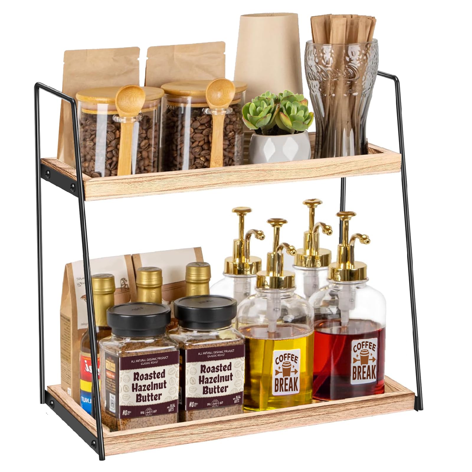 Aolawco 2 Tier Coffee Station Organizer for Countertop, Coffee Bar Accessories and Organizer, Coffe Condiment Storage, Wooden Counter Shelf Organize for Kitchen, Bathroom, Office (Patented Design)