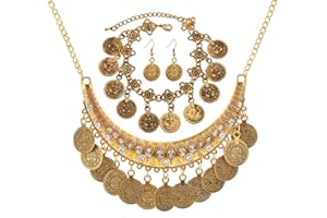 Dcfywl731 Gypsy Jewelry Set Gypsy Costume for Women Renaissance Costume Women Gold Coins Necklace Earrings Bracelet Set Boho Rhinestone Necklace Halloween Costume Accessories