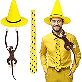 FOCUSOUL Man Yellow Hat Costume Accessories Pointy Hat Polka Dot Tie Stuffed Monkey Halloween Cosplay Set