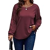 Eytino Womens Plus Size Tops Lace Long Sleeve Waffle T Shirts Casual Crewneck Tunic Tops(1X-5X)