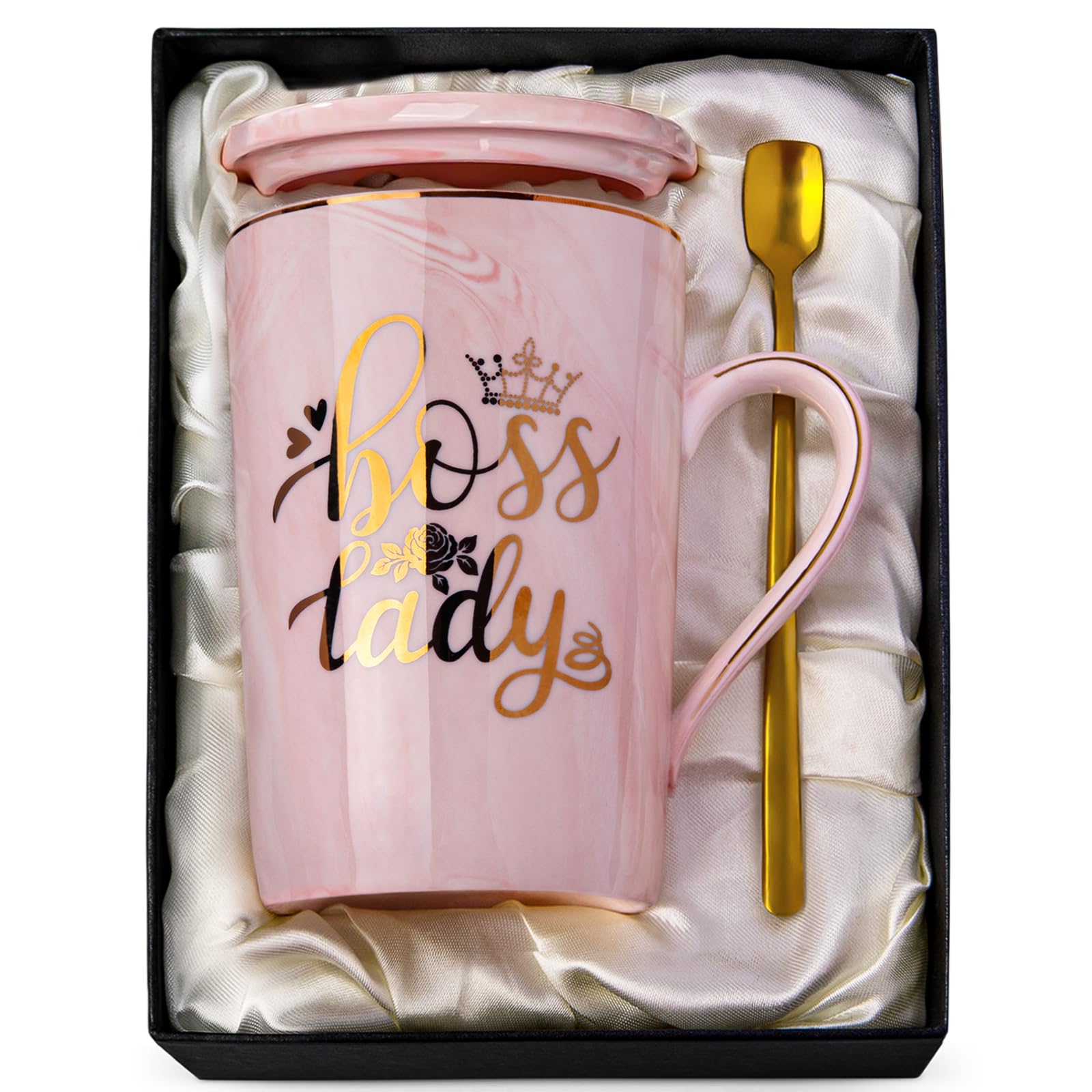 Doublewhale Boss Lady Gifts, Best Boss Gifts for Women, Birthday Gifts for Boss Lady - 14oz Pink Marble Ceramic Coffee Mug - Friend Gifts, Sister Gift, Women Birthday Gifts with Gift Box
