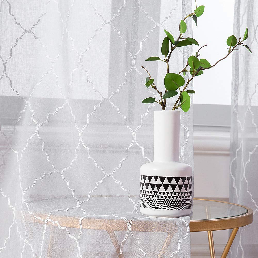 MIULEE Sheer Voile Moroccan Translucent Window Curtains Draperies for Bedroom Eyelet Top Decor for Living Room Nursery 2 Panels 55" Wx88 L Morocco White