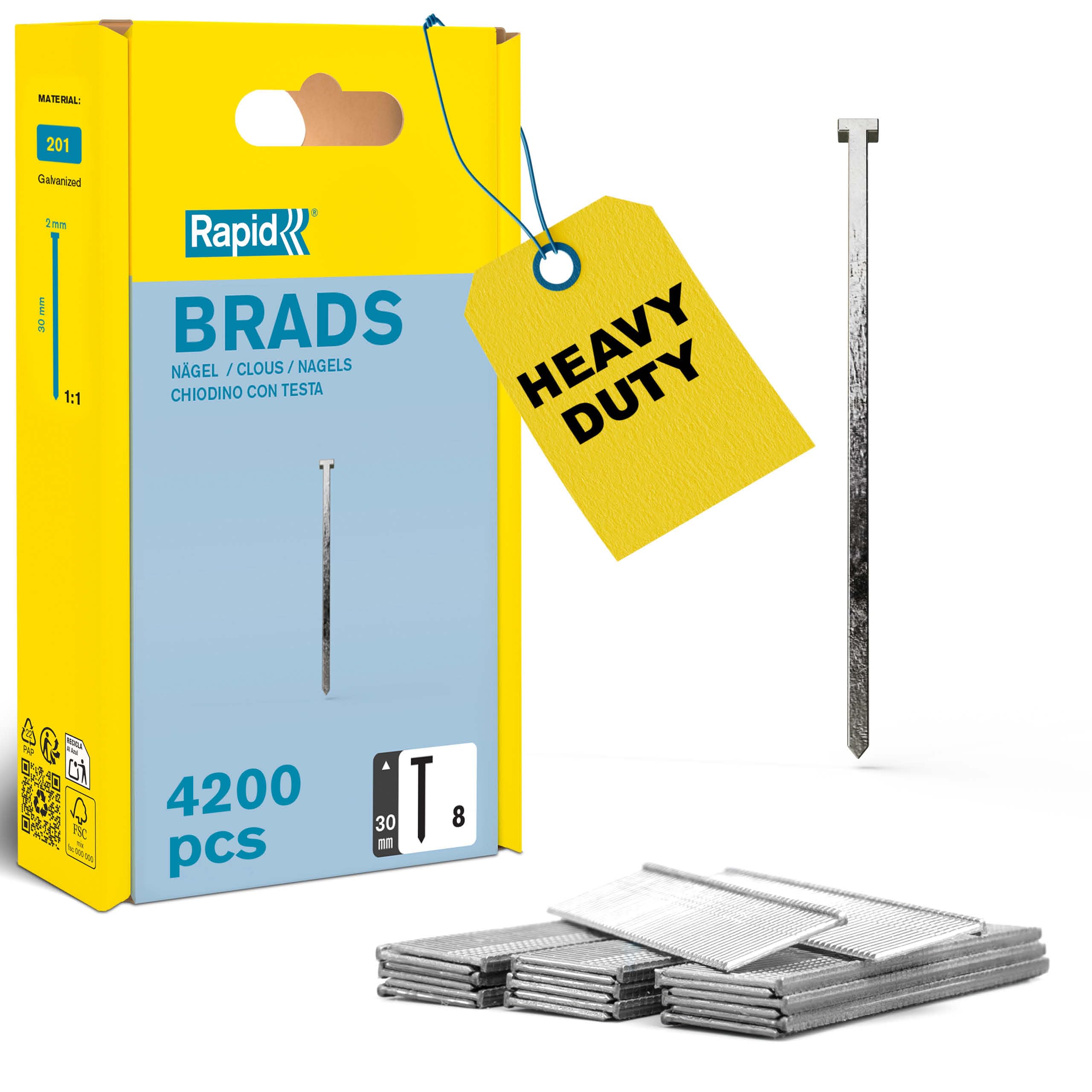 Rapid High Performance No.8 Galvanised Steel Brad Nails, Wire Length: 30 mm, 5000184 - 4200 Pieces