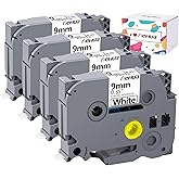 Hehua 9mm 0.35 Extra Strength Adhesive Laminated White Tape Compatible for Brother TZe-S221 TZeS221 TZ-S221 TZS221 for Ptouch PT D210 D200 H110 H100, 3/8'' x 26.2ft Black on White, 4 Pack