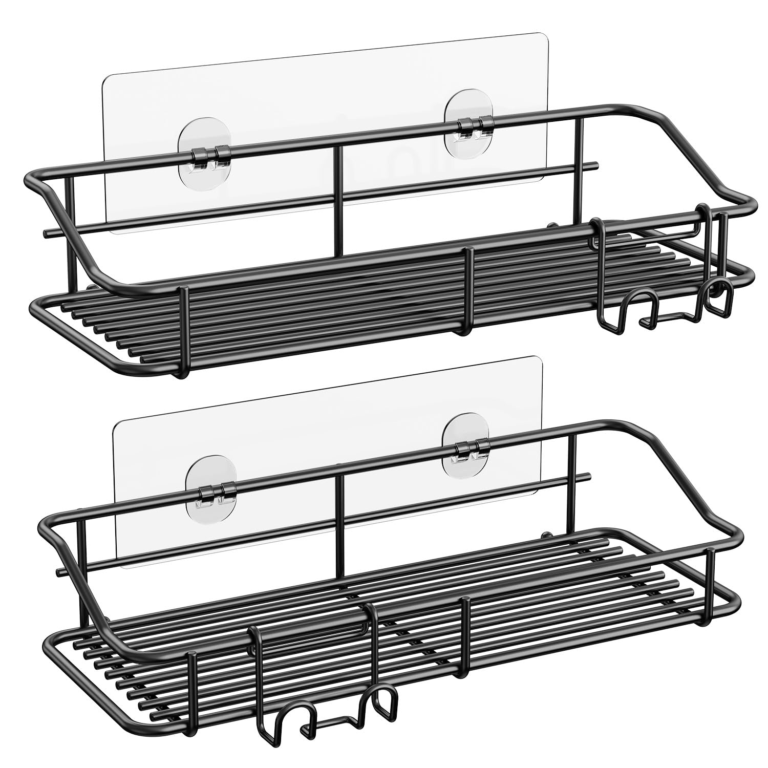 Nieifi Shower Caddy Shelf with Hooks Storage Rack Organizer Adhesive Stainless Steel Without Drilling for Bathroom, Lavatory, Washroom, Restroom, Shower, Toilet, Kitchen - 2 Pack (Black)
