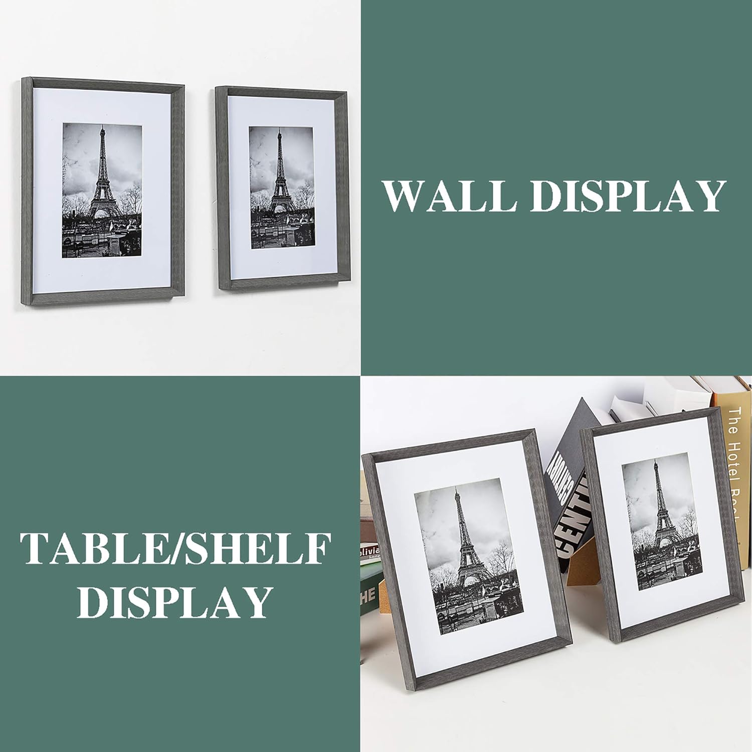 upsimples 8x10 Picture Frames with High Definition Glass, Display Pictures 5x7 with Mat or 8x10 Without Mat, Rustic Photo Frames for Wall or Tabletop Display, Set of 5, Dark Grey -