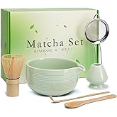 RANERANE Matcha Whisk and Bowl with Ceramic Matcha Whisk Holder,Matcha Sifter, Matcha Spoon and Scoop Handmade from Natural Bamboo,Matcha Making Kit Cyan, Normal, ZYMC6Pcs01-Cyan
