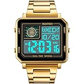 Reginald Watches for Men Fashion Trend Multifunction Outdoor Sports Watch EL Light Large Digital Display Chronograph Stainless Steel Square Watches