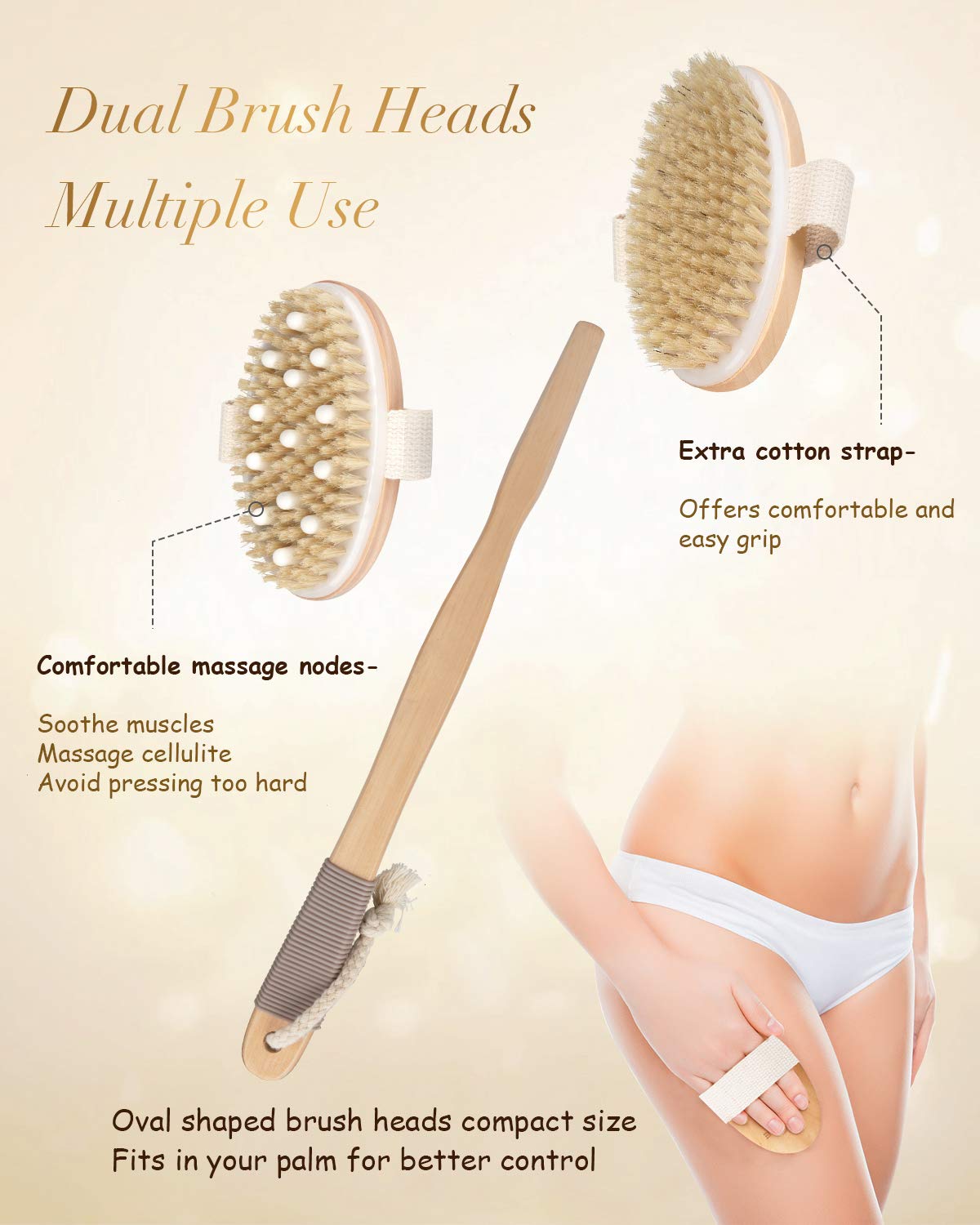 Shower Brush, POPCHOSE Detachable Dry Brushing Body Brush for Body Cellulite and Lymphatic, Back Scrubber for Shower Long Handle Natural Bristle Exfoliator Scrubber, Dual Brush Heads for Women & Man : Beauty