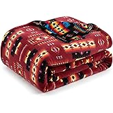 Sacred Thread Aztec Blanket Fleece, Reversible Native American Blanket, Western Throw, Native American Western (Burgundy Flannel), Queen (79”x95”)