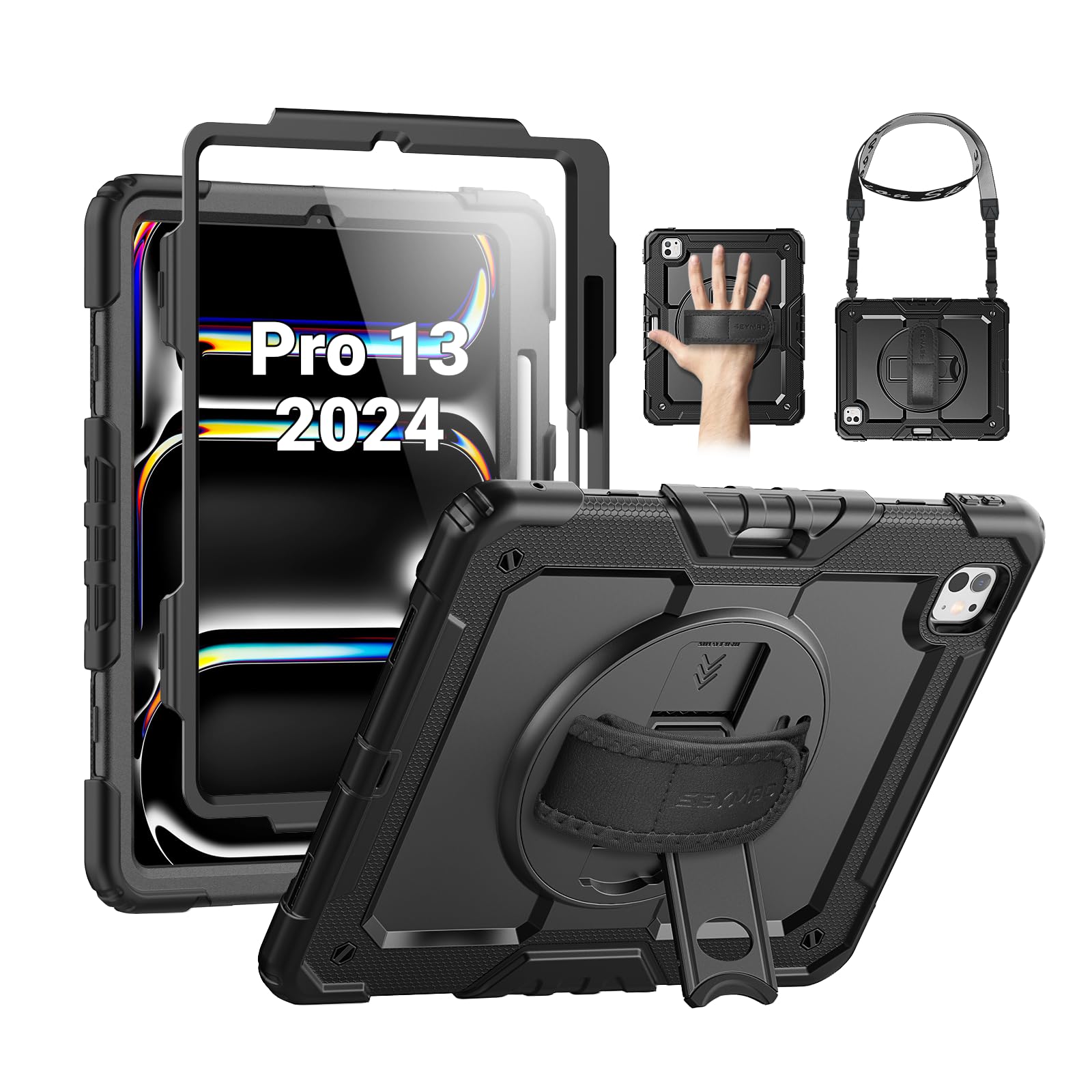 Photo 1 of SEYMAC for iPad Pro 13 Inch Case 2024 M4 (7th Generation), Heavy Duty Shockproof Protective Case with Screen Protector, 360° Rotating Stand, Hand/Shoulder Strap and Pen Holder, Black