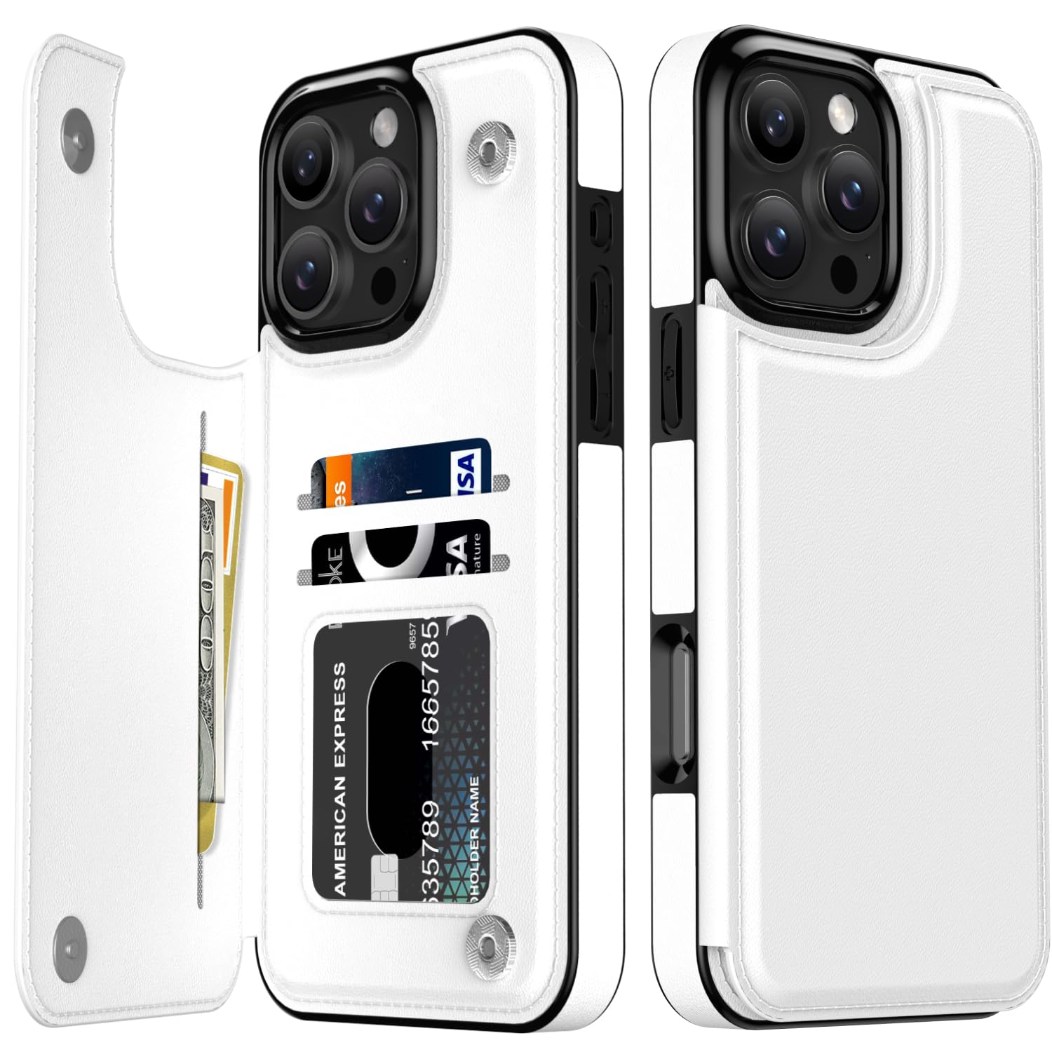 Photo 1 of LETO for iPhone 16 Pro Wallet Case - Flip Folio Leather Kickstand - Fashionable Designs - Credit Card Holder - Protective Phone Cover for Women and Girls - 6.3" - White