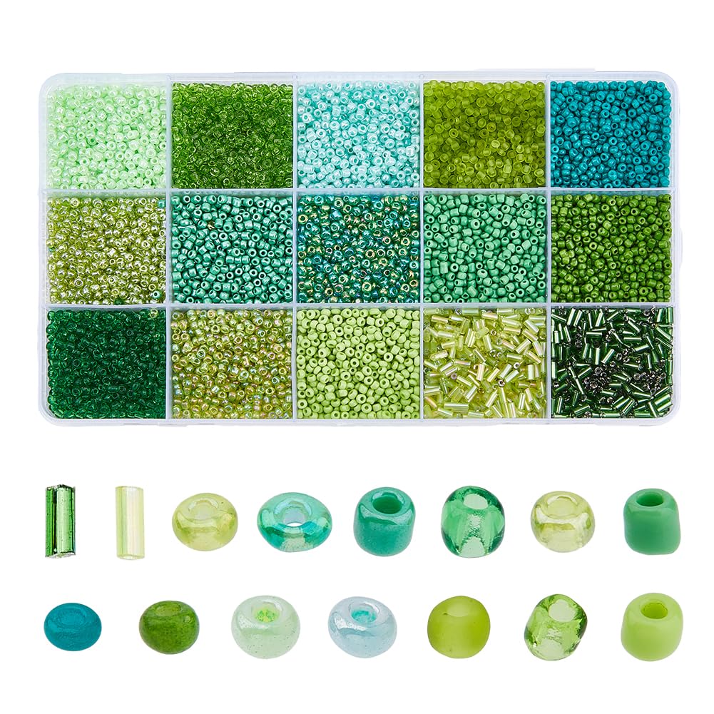 DICOSMETIC 15000pcs Green Seed Beads Kit: 15 Styles, 1000pcs per Style, Glass Bugle & Round Beads for DIY Jewelry Making