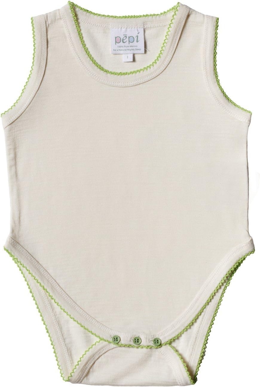 Pepi Super Fine Merino Wool Body Suit (Size 1, Natural White/Green)