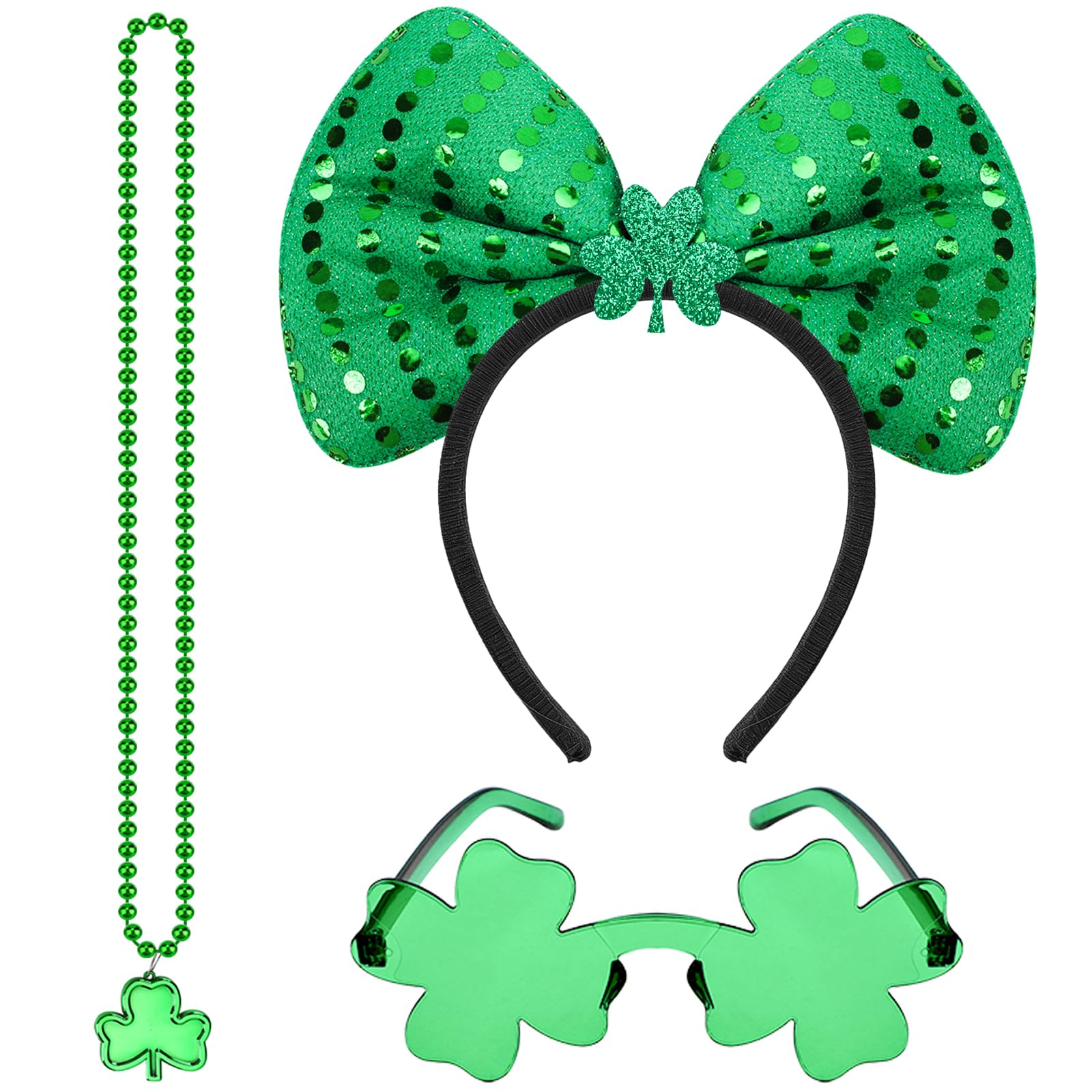 KMLGY 3PCS Shamrock Costume Accessories - Shamrock Headband Glasses and Necklace for St. Patrick's Day Dress Up Irish Themed Party CostySupplies(A)