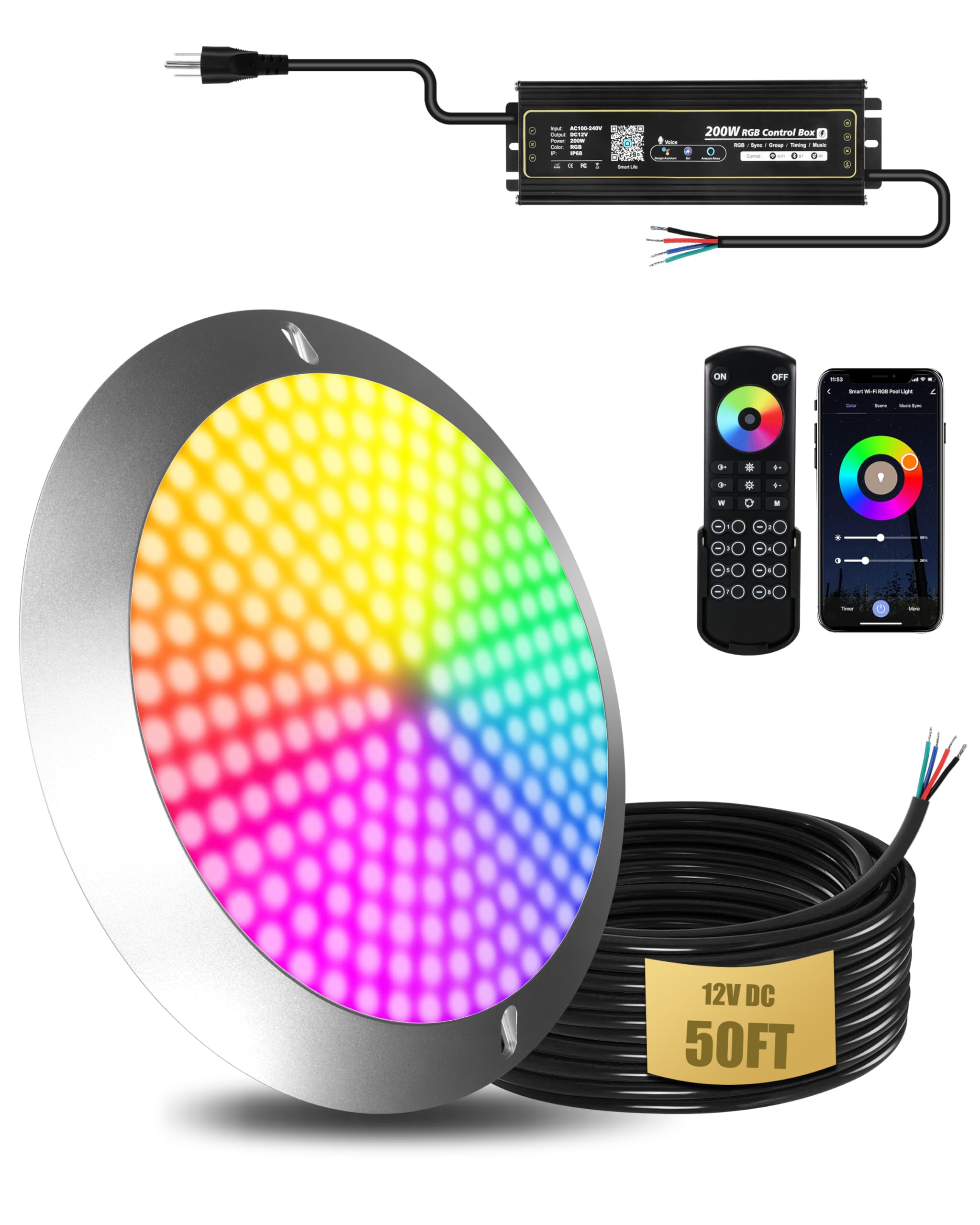 View 1 of **NO REMOTE***Goldlife P10 10“ 120W 12000LM RGB Pool Lights for Inground Pool Large Wet Niche, AC120V to DC12V, 50ft Cord, Underwater LED Lights with 1/2" NPT Thread, IP68 Swimming Pool Light