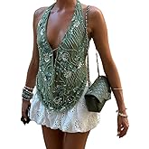Women Halter Neck Sequin Tank Tops Beaded Open Back Sleeveless Sparkle Top Sexy Cowl Neck Camisole Party Tops