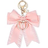 Quilax Bow Purse Keychain with Pearl Charm, Cute Bag Charm for Women Large Bow Keychain Backpack Charms Keychains
