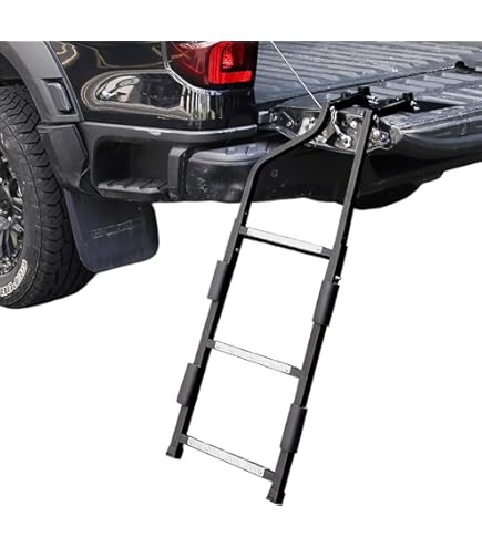WeiSen Foldable Truck Tailgate Ladder For Pickup Universal Extension Step With Stainless Steel Self Drilling Screws, Durable Step Grip Plates And Sturdy Rubber Ladder Feet, Height Adjustable Black