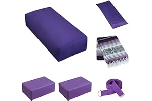 Sunshine Yoga 6-Pack Restorative Yoga Kit, 1 Yoga Bolster (24" x 12" x 6"), 2 Yoga Blocks (4" x 6" x 9"), 1 6ft D-Ring Yoga Strap, 1 Mexican Yoga Blanket, and 1 Unscented Sateen Eye Pillow