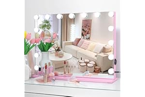 AMST Hollywood Vanity Mirror with Lights, Lighted Makeup Mirror with 15pcs Dimmable LED Bulbs, Tabletop or Wall Mounted Cosmetic Mirror, 3 Color Lighting Modes, Pink, 22.83"x 18"