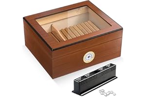 Slege Cigar Humidor,Humidor Cigar Box Spanish Cedar,Glass-top Wood,Desktop Box Humidor with Hygrometer, Humidifier,Divider,Gifts for Men,Cuba Cigar Accessories(30-50 Cigars)