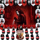 Scream Movie Party Decorations,Birthday Party Supplies For Horror Movie Party Supplies Includes Banner - Cake Topper - 24 Cupcake Toppers - 18 Balloons