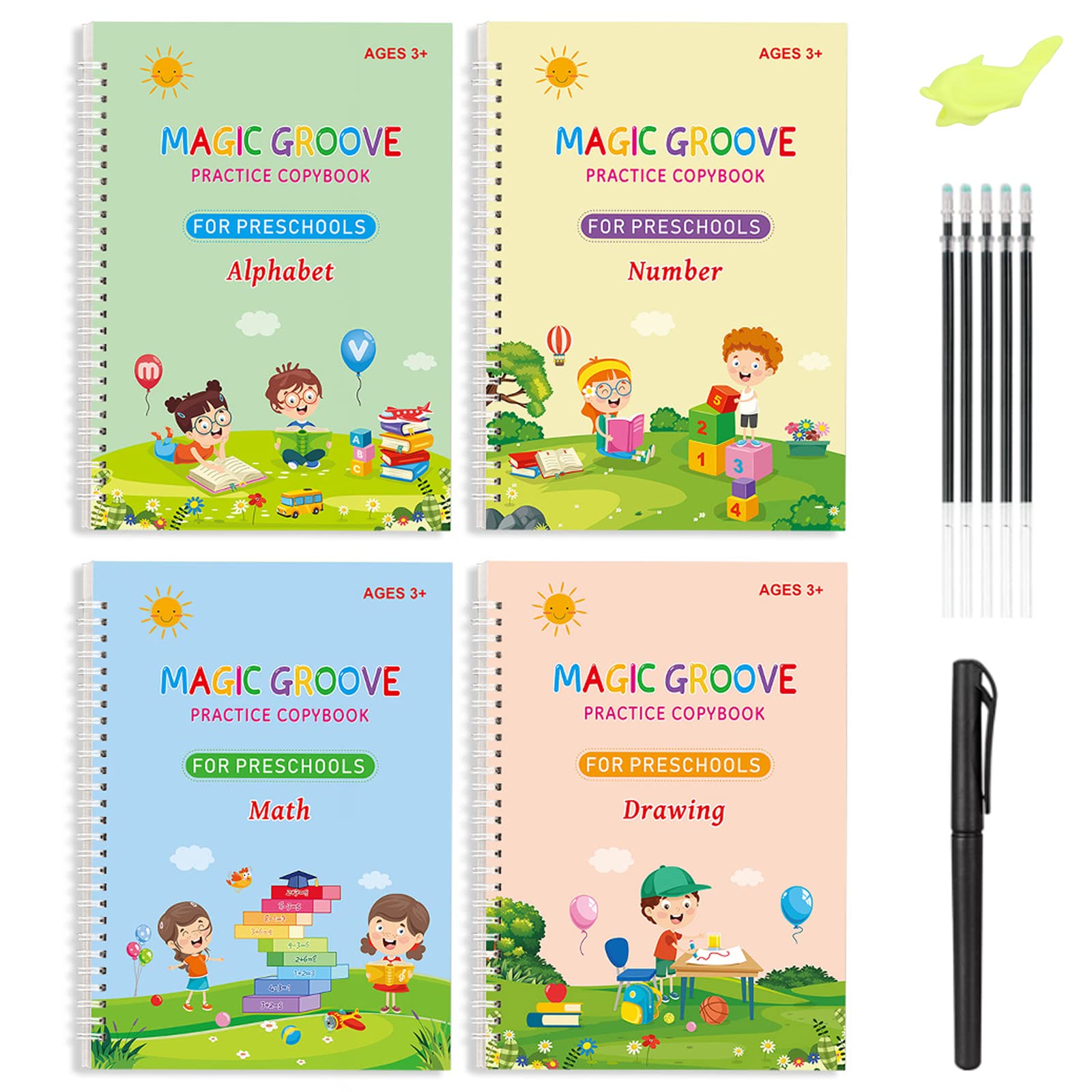 Magic Practice Copybook for Kids, 4 Pack Groove Calligraphy for Children Set with Handwriting Pens for Beginners, Reusable Children Workbook for Drawing, Math, Numbers, English Alphabet, 19x13cm