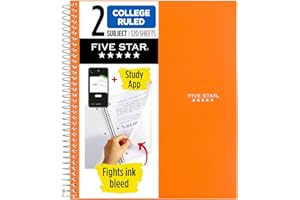 Five Star Spiral Notebook + Study App, 2 Subject, College Ruled, 8-1/2" x 11", 120 Sheets, Fights Ink Bleed, Purple, Orange, 