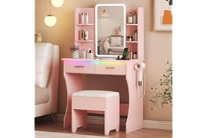 XIXINI Vanity Desk with LED Lights Mirror & Power Outlet, Small Makeup Vanity Table Set with Storage Drawers & Chair, 3 Lighting Modes & Adjustable Brightness, Dressing Table for Women Girls Bedroom, Pink