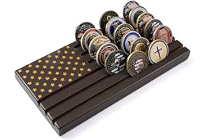 PiaoHao American Flag 6 Row Challenge Coin Holder Military Coin Display Stand, Holds 30-36 Coins Natural Solid Wood