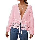 Tankaneo Womens Deep V Neck Tie Front Blouse Cotton Long Puff Sleeve Eyelet Tops Cute Lace Trim Flowy Ruffle Shirts