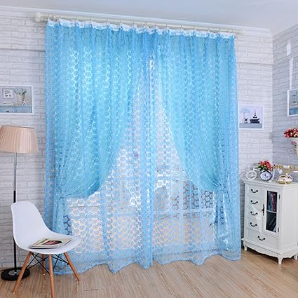 NF Rose Pattern Tulle Door Window Divider Voile Curtain Curtain Valance Blue